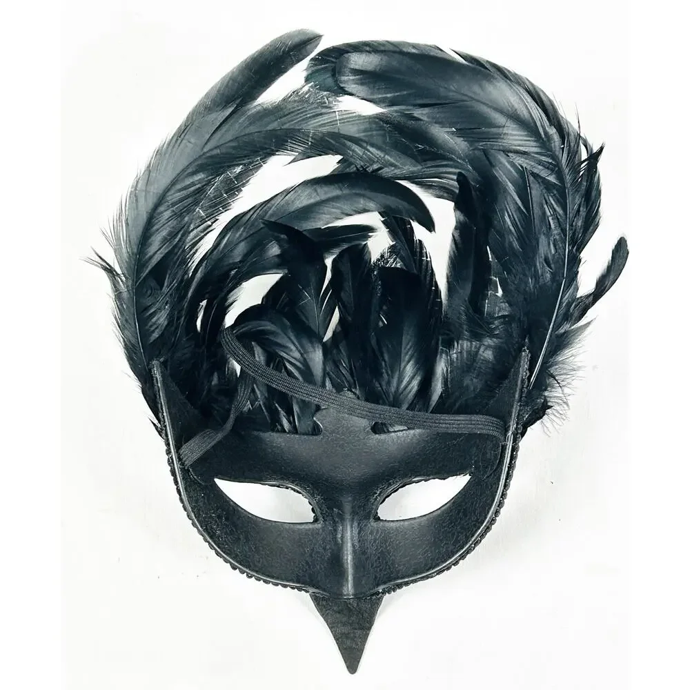 Half Mask Masquerade Black w/ Green Sheen Feathers Sequins